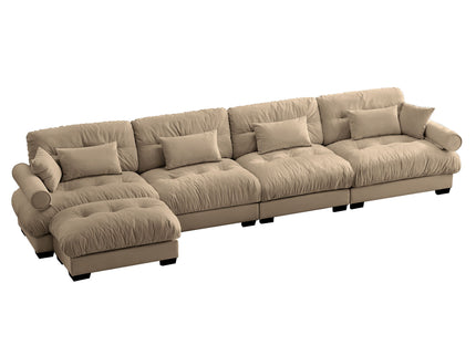Modern Sectional Sofa With Ottoman, Round Bolster Armrests, Waist And Throw Pillows