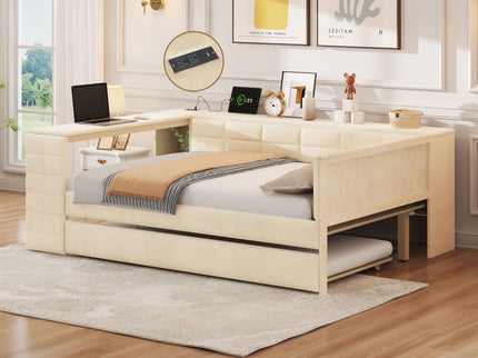 Upholstered Platform Bed With Storage Shelves, Desk, Charging Station And Trundle