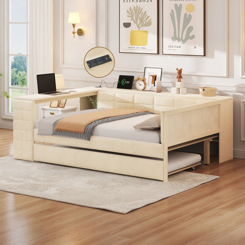 Upholstered Platform Bed With Storage Shelves, Desk, Charging Station And Trundle