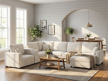 Modular 5 Seat U-Shape Sectional Sofa With Chaise Lounge, Built In Cup Holders And Storage Drawer