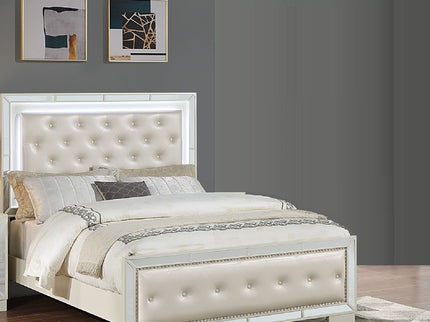 Eastern King Size Bed With LED Lights And Mirror Trim - Cream / Ivory
