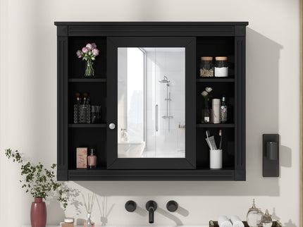 Wall-Mounted Bathroom Storage Cabinet With Mirror, 6 Open Shelves - Black