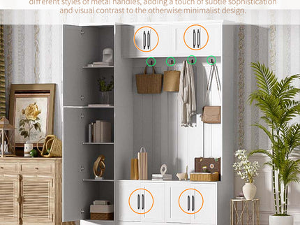 Tall Hall Tree With Shoe Storage, 4 In 1 Entryway Bench With 6 Cabinets, 4 Coat Hooks & Adjustable Shelf For Hallway - White