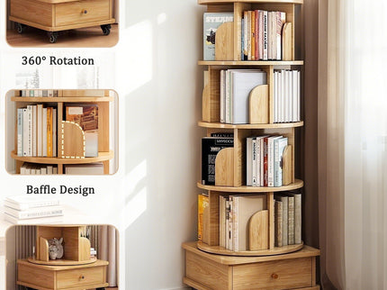 Rotating Bookshelf With Wheels And Drawer, 360° Spinning Design, Space Saving Storage