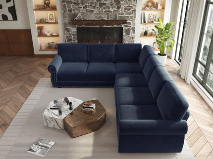 L-Shaped Sofa Couch With Pull Out Bed With Nailhead Trim & Rolled Arm