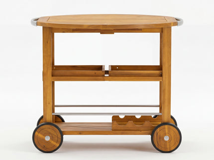 Outdoor Bar Cart With Foldable Tabletop & Removable Trays - Teak