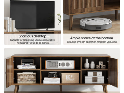 55" TV Cabinet With Vertical Groove Doors, Adjustable Shelves - Walnut
