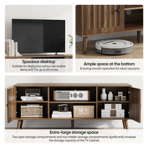 55" TV Cabinet With Vertical Groove Doors, Adjustable Shelves - Walnut