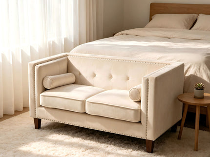 Button Tufted Square Arm Loveseat Sofa With Nailhead Trim, Upholstered 2 Seater Couch - Ivory