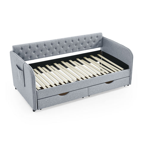 Daybed With Trundle And Storage Drawers, Flat Arms With Pocket