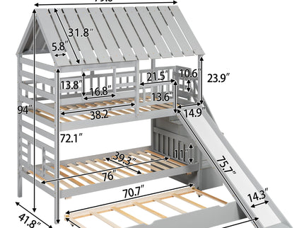 House Bunk Bed With Trundle, Storage Staircase, Roof And Window Design
