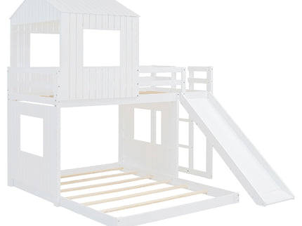 Loft Bunk Bed With Playhouse, Farmhouse, Ladder, Slide And Guardrails