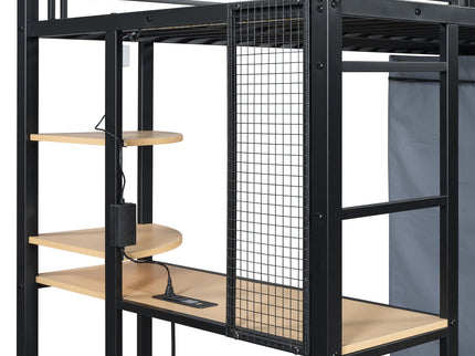 Loft Bed With Desk, Shelves, Power Outlet, LED Light And Wardrobe
