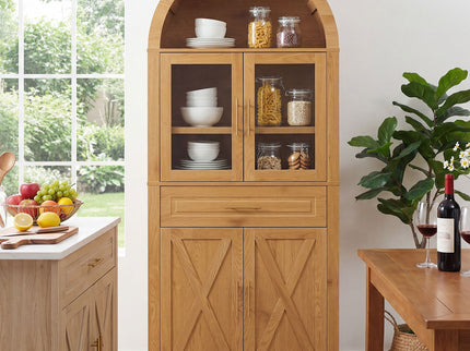 Arched Kitchen Pantry Cabinet With Adjustable Shelves And Barn Door Design