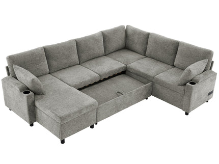 U-Shaped Sectional Sleeper Sofa With Ample Storage Space, 2 Cup Holders And Charging Ports For Living Room