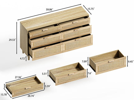 Rattan Dresser With 6 Drawers, Legs & Handles, Storage Cabinet - Natural