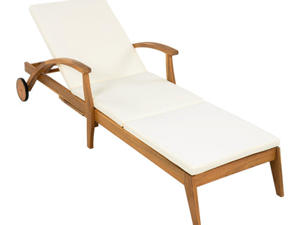 Versatile Chaise Lounge With Wheels Acacia Wood Recliner For Patio - Cream