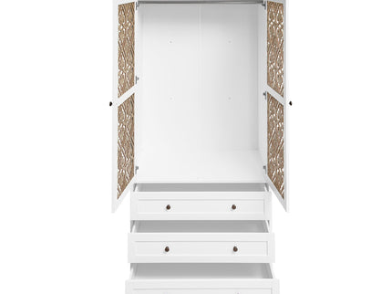 Hollow Pattern 2 Door 3 Drawer Wardrobe, The Collision Of Wood Color, Suitable For Bedrooms And Dressing Rooms - White