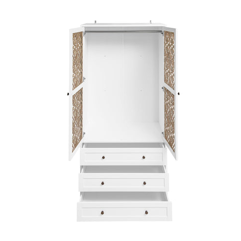 Hollow Pattern 2 Door 3 Drawer Wardrobe, The Collision Of Wood Color, Suitable For Bedrooms And Dressing Rooms - White