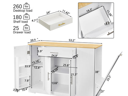 Modern Farmhouse 53" Kitchen Island with Storage Drawers & Concealed Trash Cabinet – White Finish
