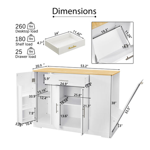 Modern Farmhouse 53" Kitchen Island with Storage Drawers & Concealed Trash Cabinet – White Finish