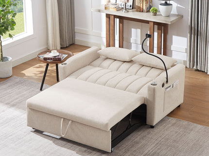 Convertible Sofa Bed Loveseat Sofa With Three USB Ports, Two Side Pockets, Two Cup Holders And 360° swivel Phone Holder For Living Room