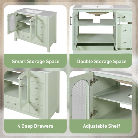 Bathroom Cabinet With Waffle Texture Doors, 4 Drawer Vanity With Soft-Closing Hinges And Glass Panels - Green