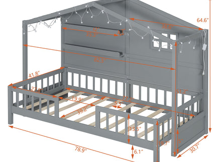 House Bed With Shelves, Window And Sparkling Light Strip On The Roof