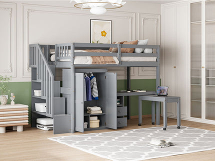 Loft Bed With Stairs, Bookshelf, Drawers, Desk & Wardrobe, Space Saving Multifunctional Furniture