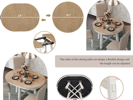Round Extendable Dining Table Set With 4 Upholstered Chairs