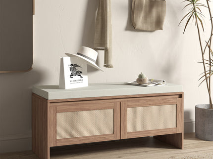 Storage Bench With Cushion, Shoe Cabinet With 2 Doors - Antique Natural / Rattan