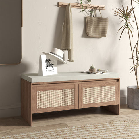 Storage Bench With Cushion, Shoe Cabinet With 2 Doors - Antique Natural / Rattan