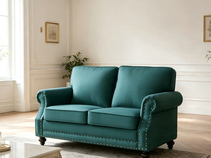 Loveseat Sofa With Nailhead Detail & Turned Legs, 2 Seater Upholstered Couch
