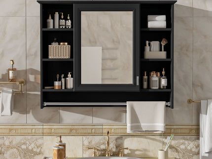 Modern Wall Mounted Mirror Cabinet With Adjustable Shelf, Soft Close Door, And Towel Bar