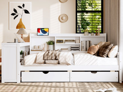 Corner Daybed With Storage Drawers, Desk, Charging Port & Bookcase