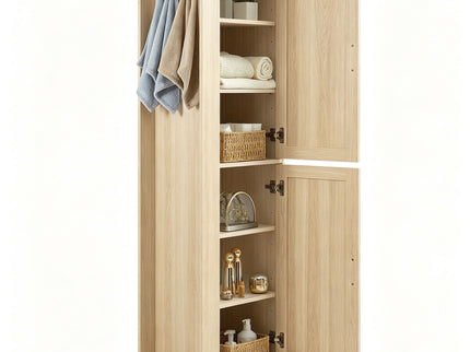 Tall Freestanding Bathroom Storage Cabinet With Adjustable Shelves And Side Hooks