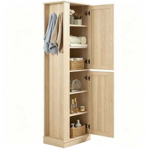 Tall Freestanding Bathroom Storage Cabinet With Adjustable Shelves And Side Hooks
