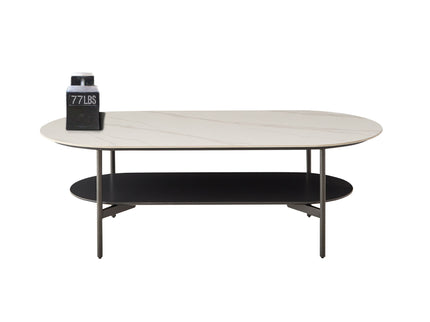 Contemporary Coffee Table Sintered Stone Surface With Ceramic Finish Double Layer Design Base Matte Shelf Modern Living Room Center Table - White / Gray