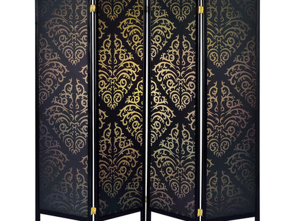 4 Panel Folding Screen With Diamond Scrollwork Motif - Black