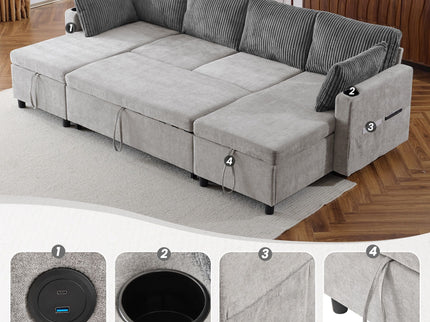 Sectional Sofa Bed With Pull Out Sleeper, USB Ports, Cup Holders