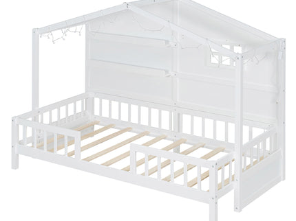 House Bed With Shelves, Window And Sparkling Light Strip On The Roof
