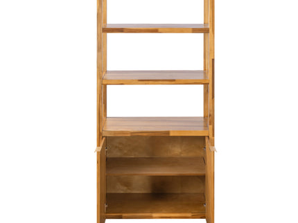 Tall Storage Bookcase Cabinet With 2 Open Shelves & Double Doors, Freestanding Shelving Unit - Natural