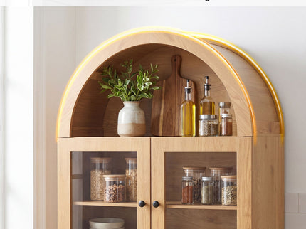 Tall Arched Pantry Cabinet With Charging Station, Adjustable Shelves, Coffee Bar