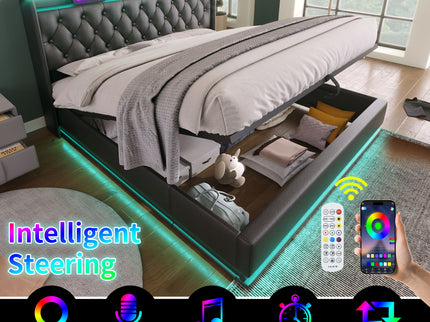 Upholstered Bed, 360 Surround LED Function, Remote Control, Hydraulic Storage Bed With USB, Type-C Charging (Without Mattress)