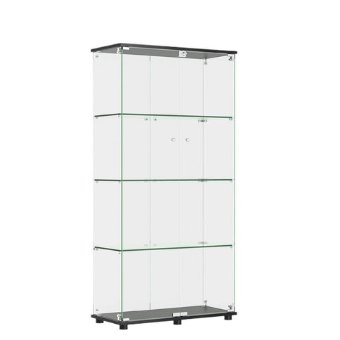 Modern Glass Display Cabinet With 4 Shelf Double Doors And Lock, Tempered Glass Bookshelf For Living Room - Black