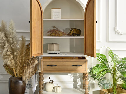 Arched Flower Carved Door Accent Sideboard Cabinet With 1 Drawer And Shelf, Cabinet For Kitchen - Natural / White