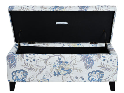 Luxury Storage Ottoman With Floral Patterned Fabric, Soft Close Hinges, Functional Footrest & Seat - Blue Flower / Blue Multi