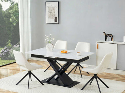 Dining Table With Geometric X Frame For Kitchen Or Dining Room - White Marble