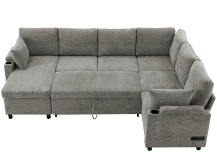 U-Shaped Sectional Sleeper Sofa With Ample Storage Space, 2 Cup Holders And Charging Ports For Living Room