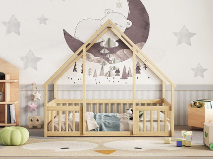 Wood House-Shaped Floor Bed With Fence, Guardrails
